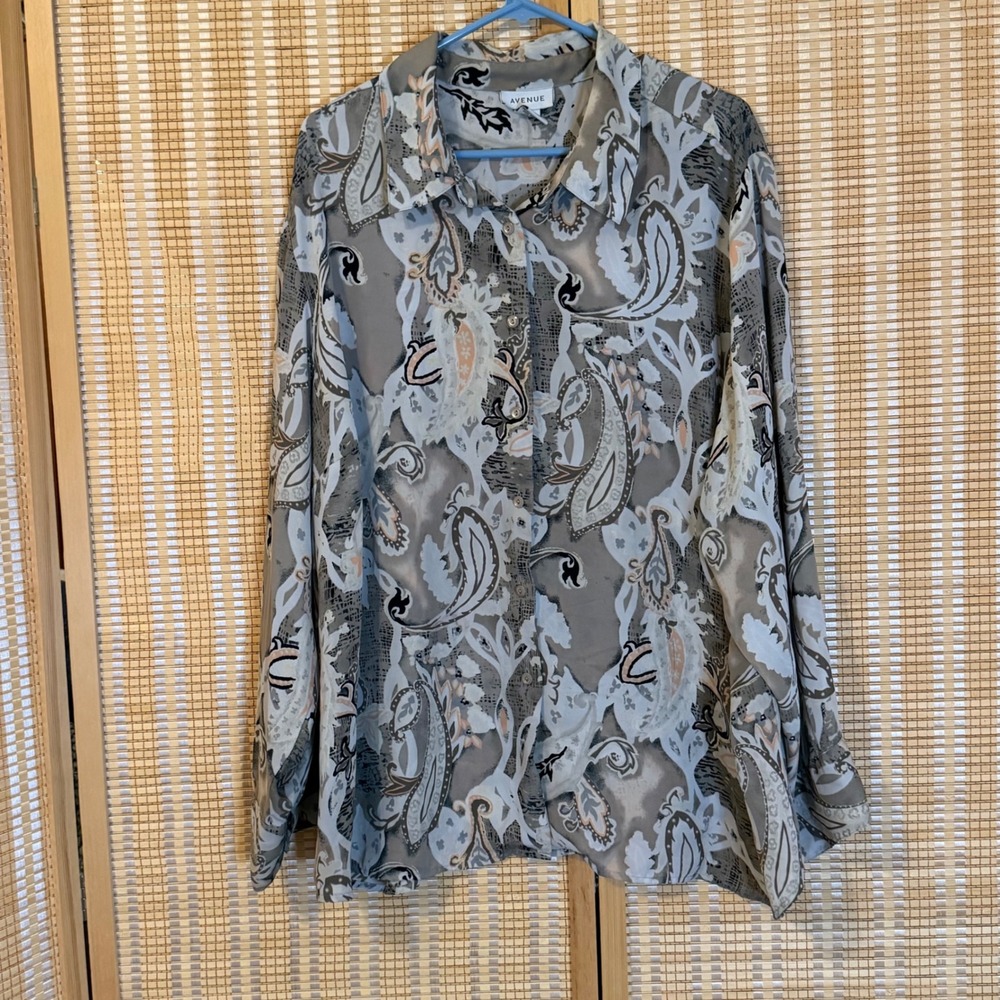 Avenue Womens Paisley Print Button Down Blouse Long Sleeve Taupe Grey 26/28
